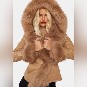 Azalea Wang Nabina Faux Fur hooded moto Jacket L